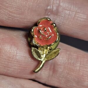 Vintage Dainty Gold Tone Pink Enamel Flower Lapel Pin Hat Lanyard Tie Tack